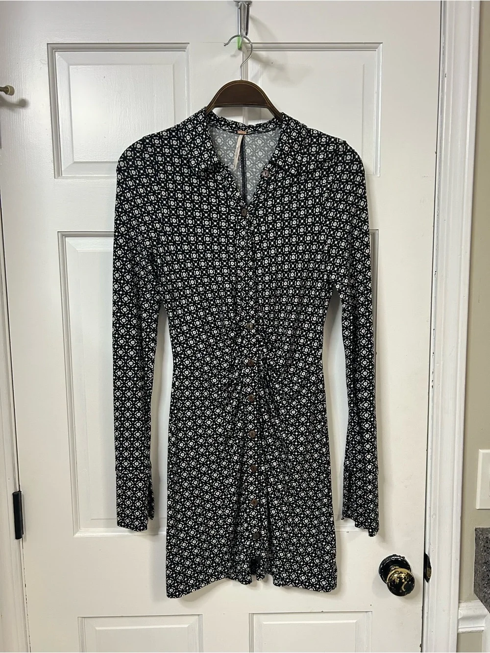 Free People Black and White Printed Long Sleeve Dress